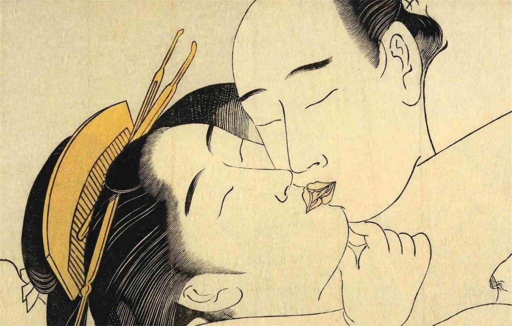 This detail from “Sode no maki” (“Handscroll for the Sleeve”), a woodblock print created by the artist Torii Kiyonaga around 1785, reveals that the romantic kiss was alive and well in 18th-century Japa