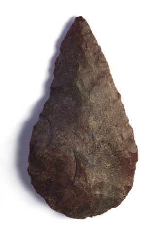 This Acheulean hand ax was collected in 1960 in Saudi Arabia, and is now held by the Denver Museum of Nature & Science. It is almost perfectly symmetrical, about the size of an adult’s hand, and made of a rough quartzite. Developed in the Stone Age, the Acheulean hand ax is one of the most durable technologies the world has ever seen.