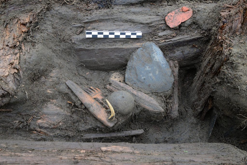 Near a bench at the rear of a centuries-old cruciform house in Kuukpak, Friesen and his team found a small cache of artifacts that include a fish hook (left) made of an antler shank with a barb made of bone, a comb (next to the fish hook), and a large slate ulu blade (right).