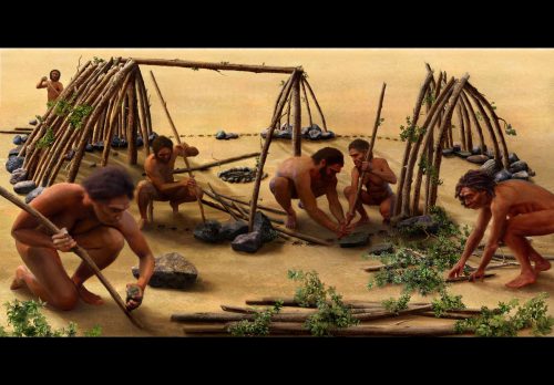 An artistic rendering of the construction of the earliest known hominin-made shelter, discovered at a 400,000-year-old site in Terra Amata, France.