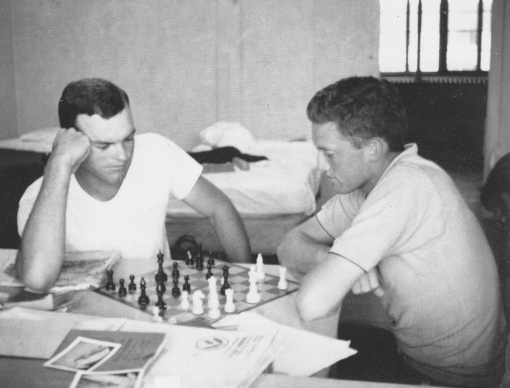 The author plays chess in the Tiger Town barracks in 1966. Unlike today’s solitary entertainment on personal electronic devices, players at spring training enjoyed more social activities during their downtime.