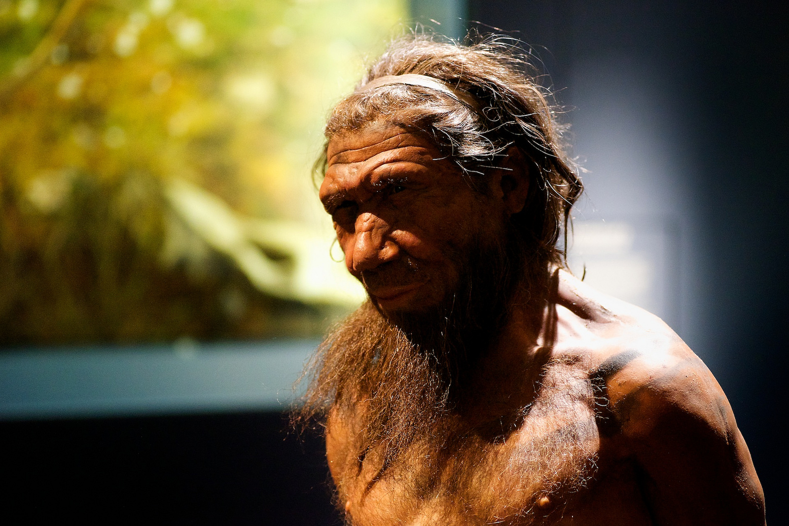 The photograph features a large recreated model of a neanderthal.
