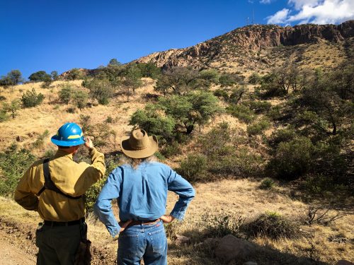 Inmate firefighters - Correctional officers use a collaborative approach with the crew, oftentimes letting prisoners take the lead on planning and execution. This gives crew members an opportunity to interact with the public from a position of authority. In this photo, a crew member talks with a homeowner, explaining the science behind cutting certain vegetation to create a firebreak around his home.