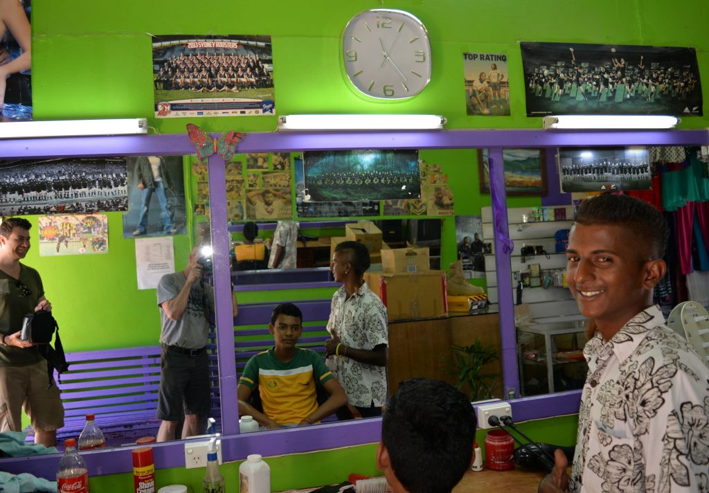 Fareed’s Barber Shop, an Indo-Fijian business in Nadi, Fiji, is adorned with photos of both Fijian rugby teams and Bollywood stars. Indo-Fijians are invited to support rugby but not to play.