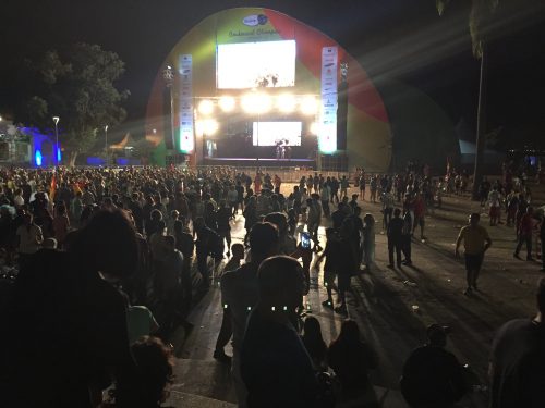 Olympic festival -- The attention of the crowd at the Praça Mauá live site was riveted by the bright lights of the big screens broadcasting the opening ceremony. The focus of the crowd on the screens instead of on each other somewhat diluted the festival atmosphere.