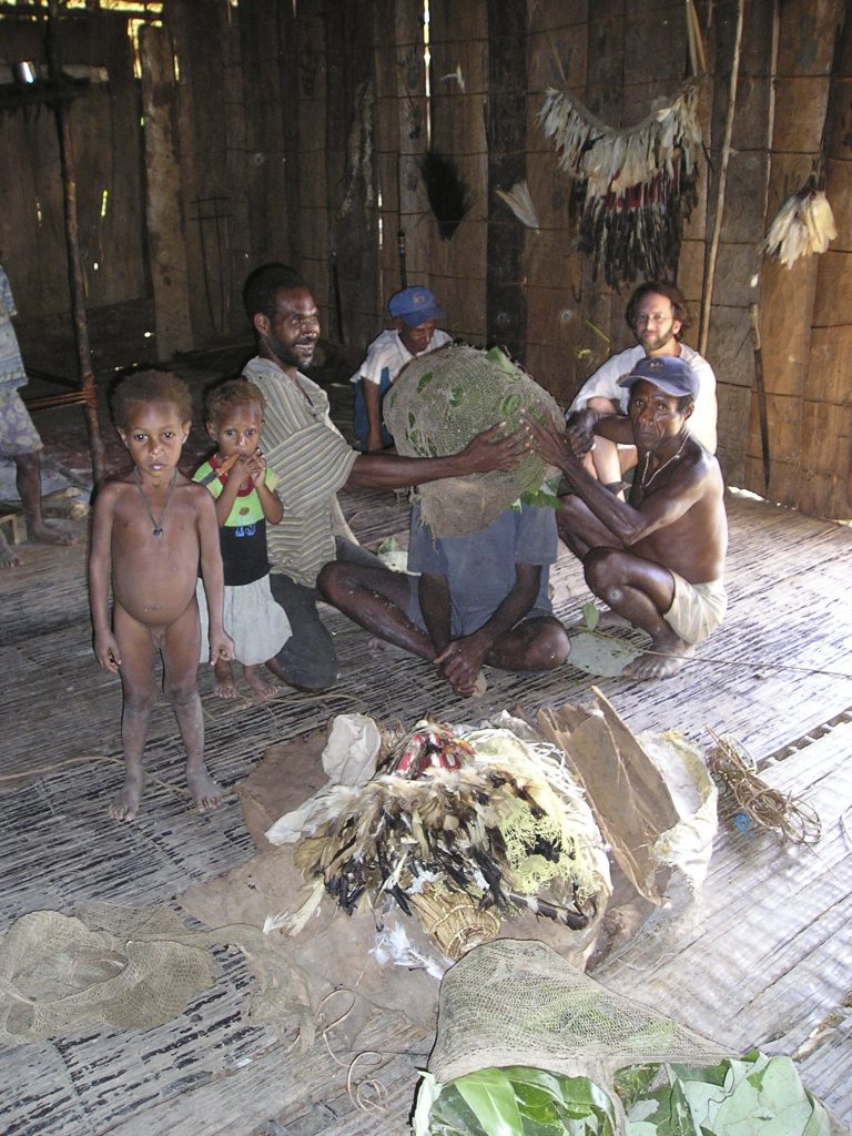 The author observes Asabano people preparing a headdress for an all-night celebration. As the dreaming brain revises long-term memory, it combines new cultural sights, sounds, and ideas with familiar ones. In this way, the spirits of an unfamiliar culture can haunt our dreams.