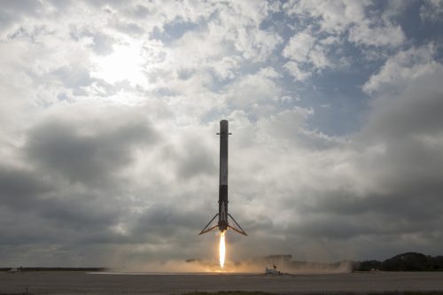 SpaceX’s Falcon 9 first-stage rocket lands at Florida’s Cape Canaveral Air Force Station in February 2017.