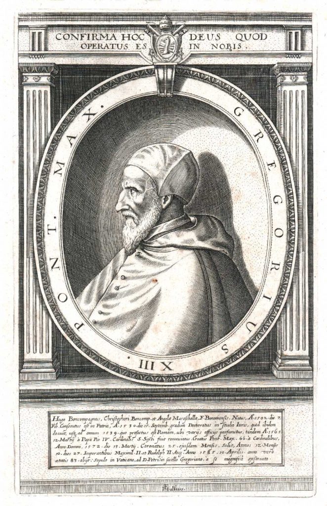 Pope Gregory XIII, featured here in an early 17th-century engraving, improved upon the Julian calendar to create the Gregorian calendar, which is the most widely used calendar today.