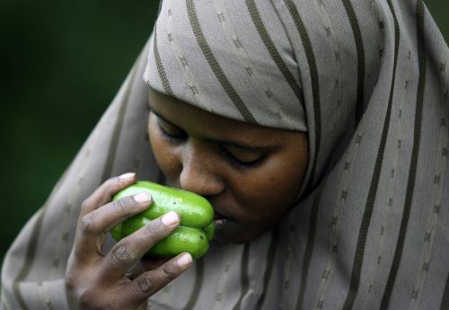 A woman with a headscarf close her eyes and smells a green pepper she holds to her nose.