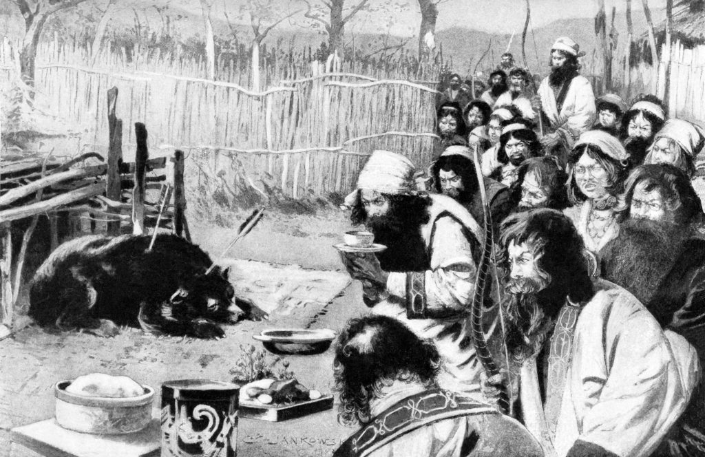 This 1901 illustration shows an Ainu iyomante. The iyomante fascinated Japanese and Europeans alike.