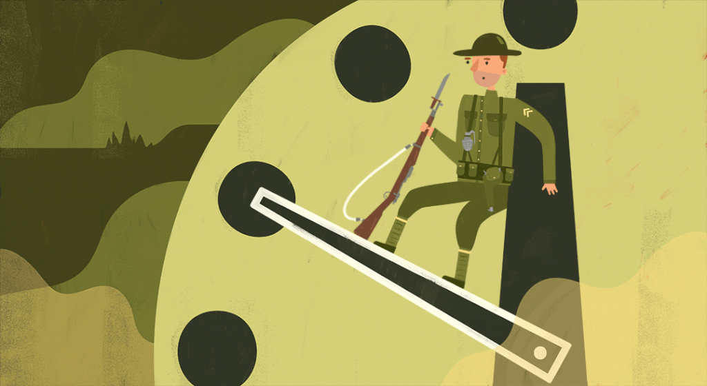 An illustration shows a man in military gear standing on the second hand of a clock, trying to push it back.