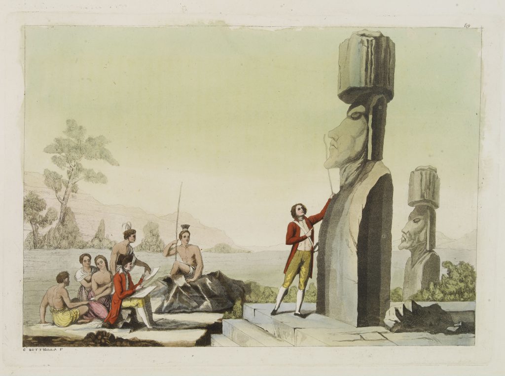 easter island demise - Europeans inspect the statues, around a century after first contact.