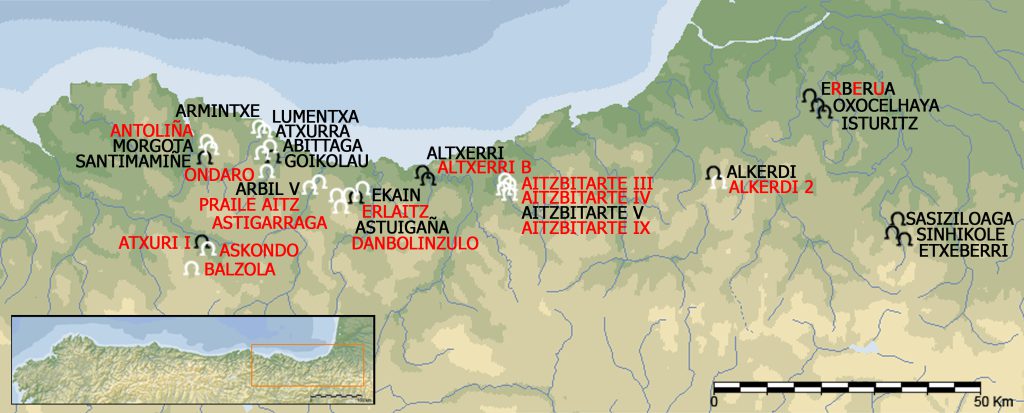 Atxurra cave art - This map of decorated caves in the Basque region shows those discovered throughout the 20th century (black symbol) and the ones that were found between 2000 and 2017 (white symbol). Site names in red indicate cave art that is 15,000 to 30,000 years old, and those in black specify artwork that is 10,000 to 15,000 years old. (The one name in red and black is a site where both periods are exhibited.)