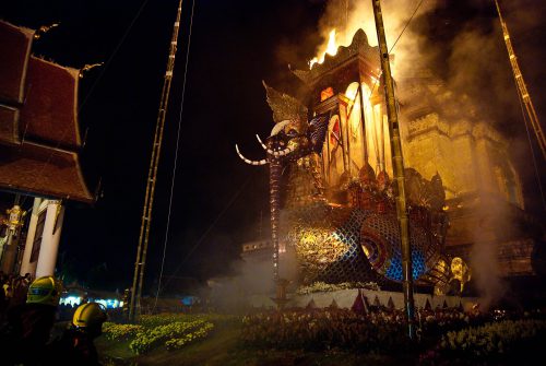 embalming culture - Cremations are sometimes conducted on funeral pyres, which range from simple piles of wood to beautiful, elaborate structures. The one pictured here was built for an important Buddhist holy man in northern Thailand.