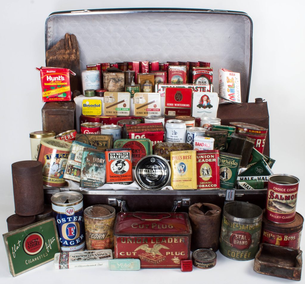Archaeologist Jim Rock traveled with his collection to various parts of the U.S. to educate professionals and the general public alike about cans and their historical context. This is one of the actual suitcases he used.