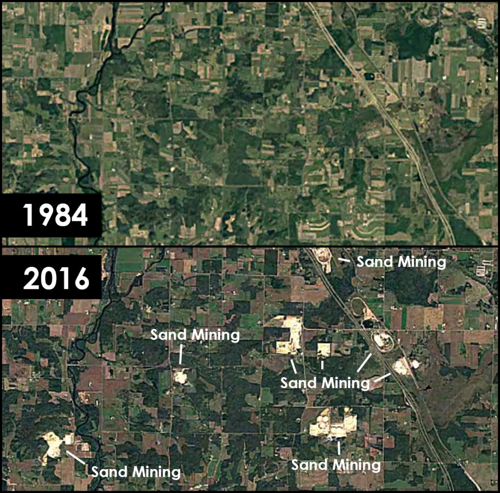 Landsat images from a USGS/NASA time-lapse video show landscape changes over the past 32 years in Barron County, Wisconsin. Several frac sand operations are clustered in Dovre (on the right), with two in neighboring Sioux Creek to the west (left).