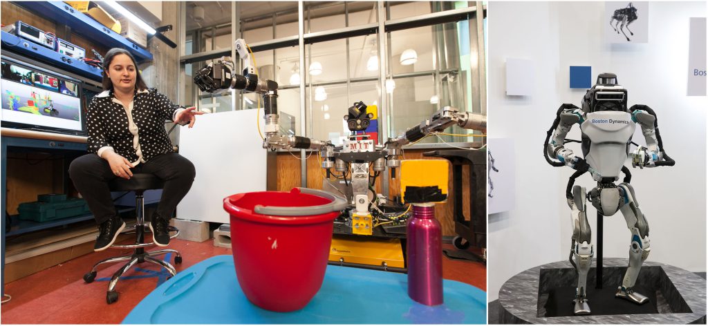 Claudia Pérez-D’Arpino works with Optimus in her lab (left), while the more imposing Atlas is displayed at a robotics convention in Tokyo, Japan (right).