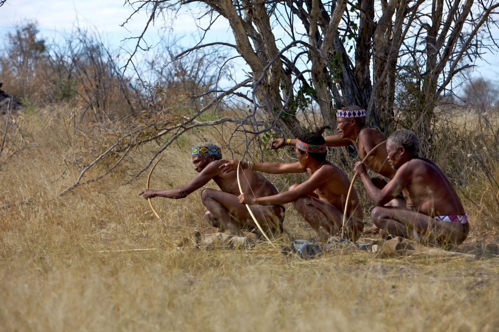 These Ju/’hoansi men are practicing traditional hunting in Namibia’s Nyae-Nyae Conservancy.