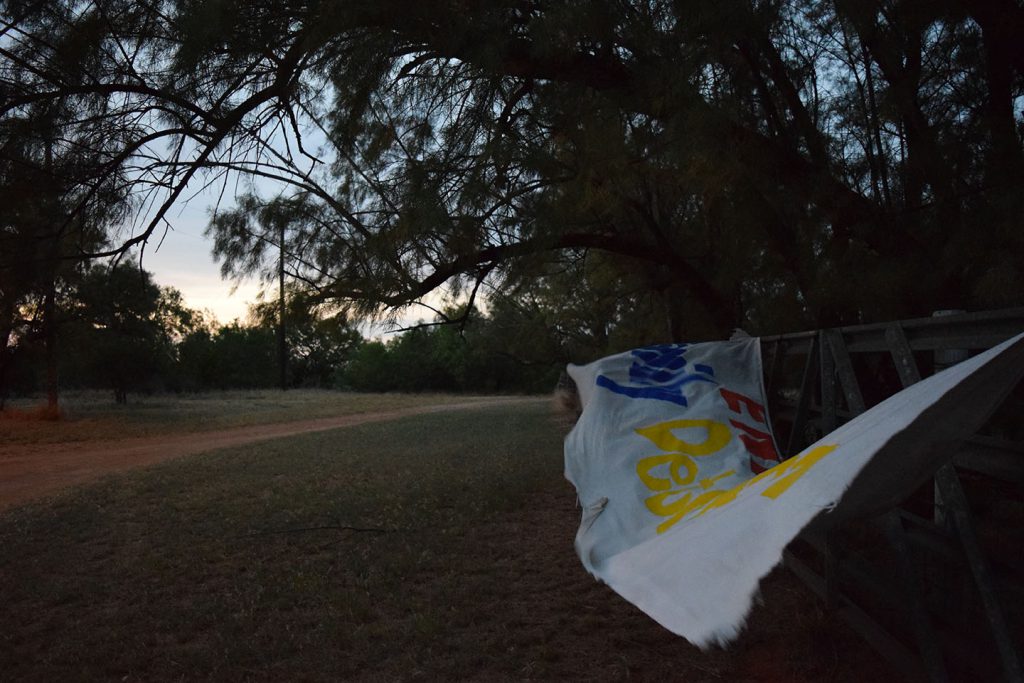 A banner made by legal advocates at the Dilley facility calls for an end to family detention.