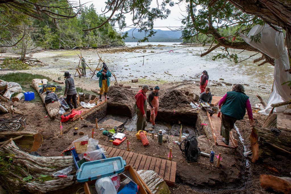 The archaeology team on Calvert Island helps uncover ancient footprints at a site near the Hakai Institute. Coasts, with their soft sediment where tracks are easily made, are likely places to find ancient footprints.