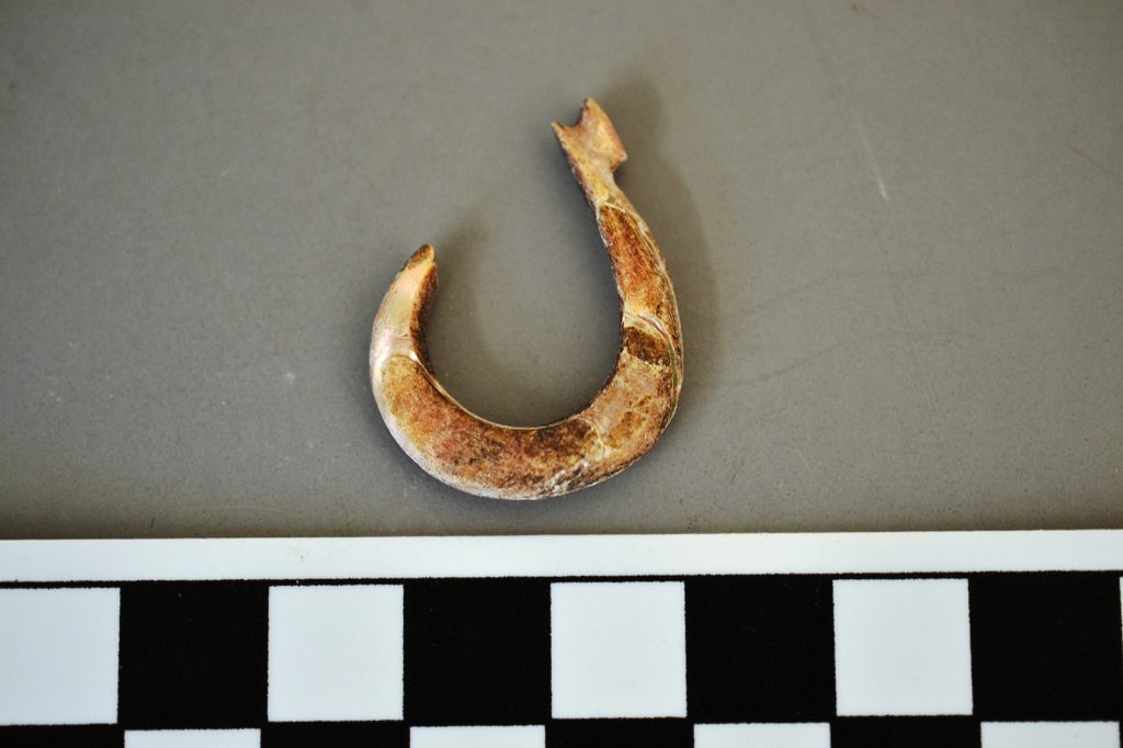 The Nicoleños, an Indigenous group that lived on San Nicolas Island, used a multistep process to fashion striking abalone-shell fishhooks such as this one.