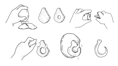 This illustration shows several of the steps in archaeologist Kevin Smith’s process for creating a shell fishhook out of abalone.