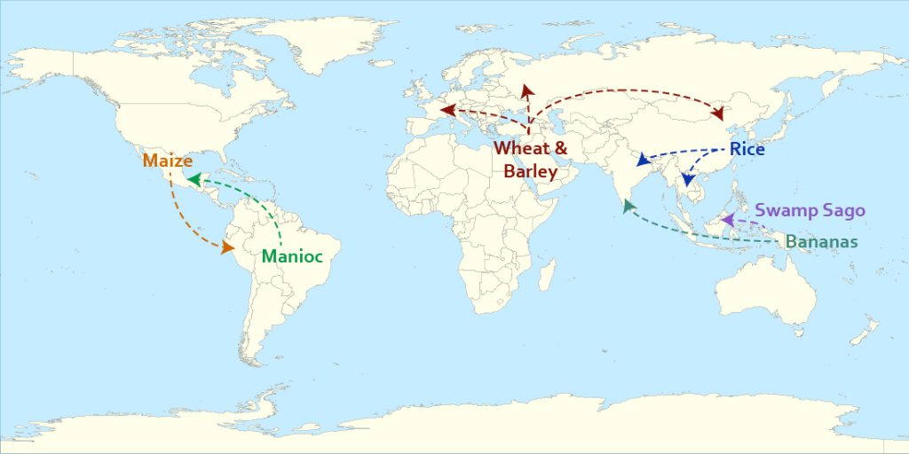 This map shows the dispersal of a handful of plant types in different parts of the world.