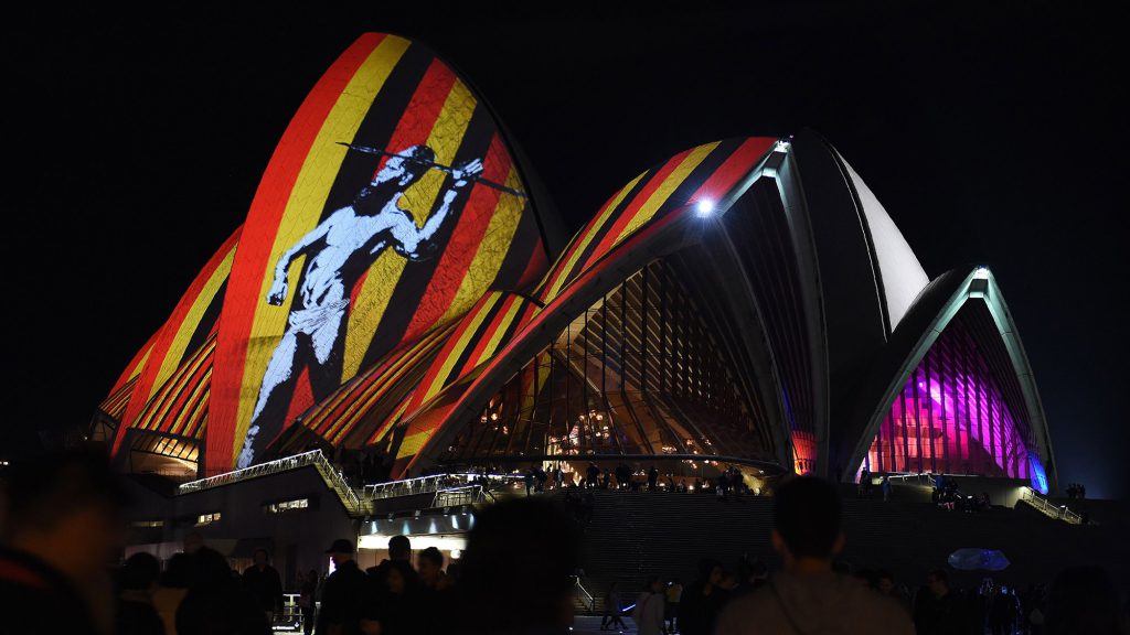 Australia's iconic Opera House is lit up with an art installation called Songlines during a festival in 2016. For Aboriginal Australians, songlines are memories of routes through landscapes, which highlight their histories and associations, that have been orally passed on for hundreds of generations.