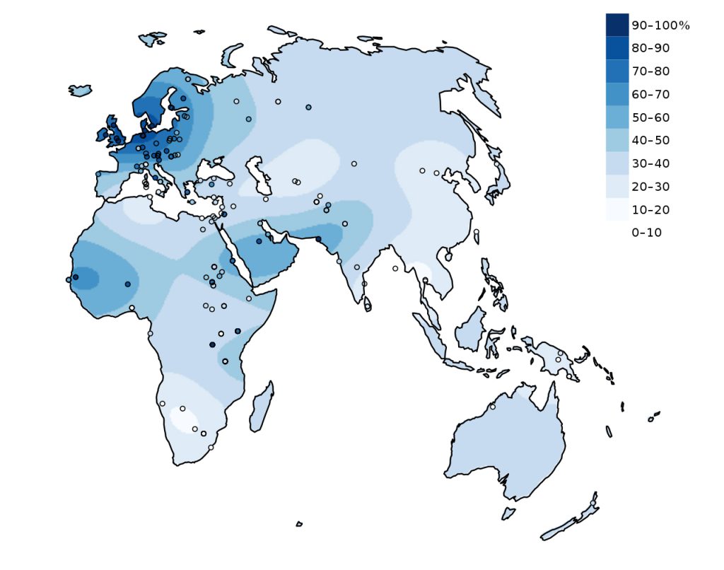 This map shows the percentage of adults in the Indigenous population of the Old World that can digest lactose. Circles mark sample locations.