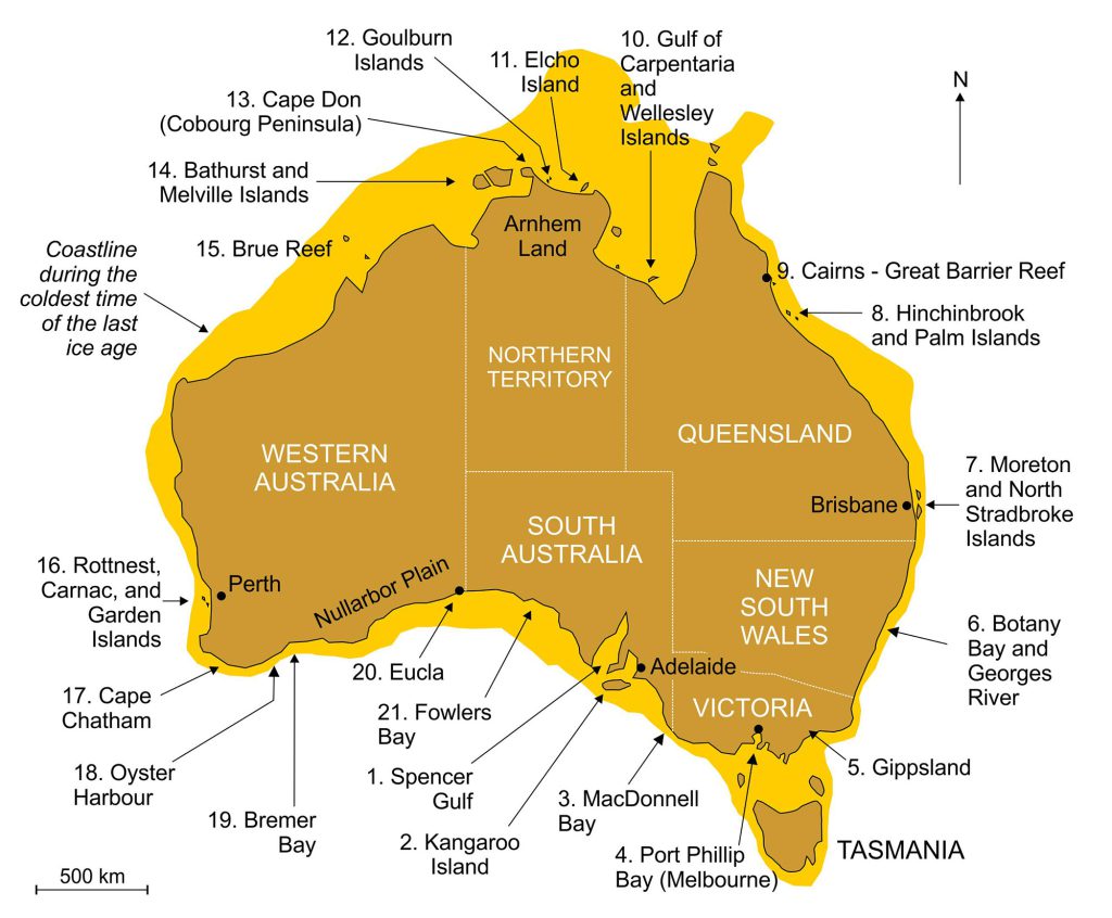 This map of Australia shows the 21 places where Aboriginal peoples have memories of times when sea level was lower than it is today, a process attributable to postglacial sea-level rise, which ended about 7,000 years ago around Australia.