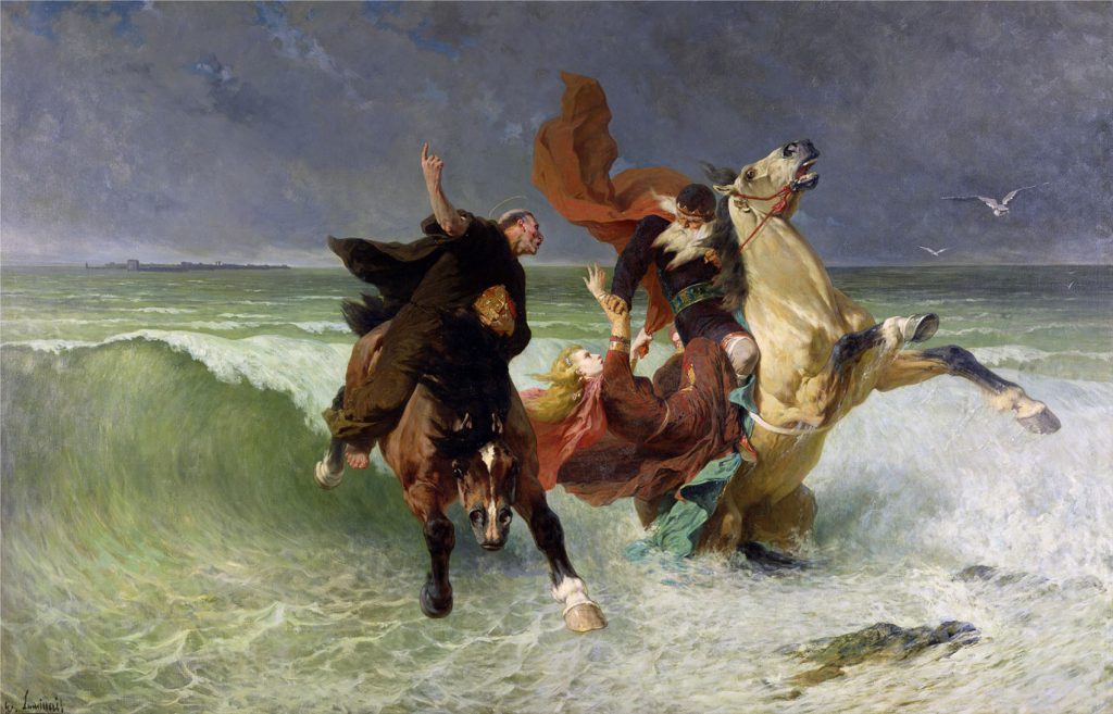 A painting from 1884 depicts the legend of the destruction of Ys, a fabled city that was flooded when King Gradlon’s daughter, Dahut (the woman falling), deviously unlocked the flood gates that kept out the ocean. This legend may be based on a distant memory of a time when a city off the coast of northwest France was submerged as much as 8,000 years ago.