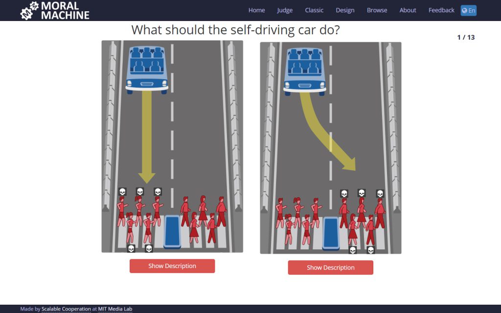 The Moral Machine project collects opinions on what a self-driving car ought to do in the case of brake failure: swerve or not swerve, with various consequences.