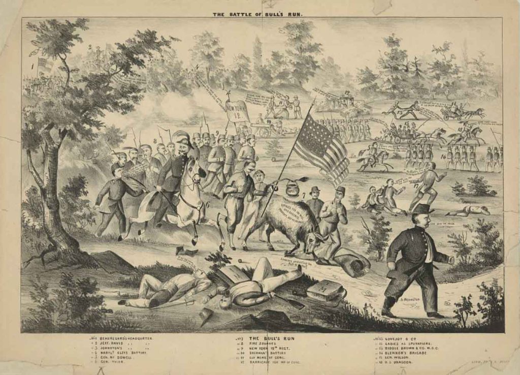 This 1861 cartoon of the Bull Run battlefield, the first major conflict of the U.S. Civil War, includes a portrayal of observing House members and spectating women.