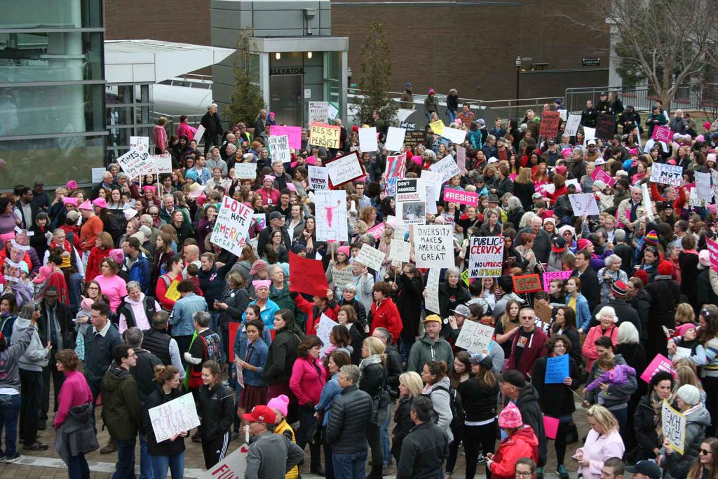As in other major cities throughout the U.S., women marched through the streets in Louisville, Kentucky, on January 21, 2018, one day after the first anniversary of the inauguration of U.S. President Donald Trump.