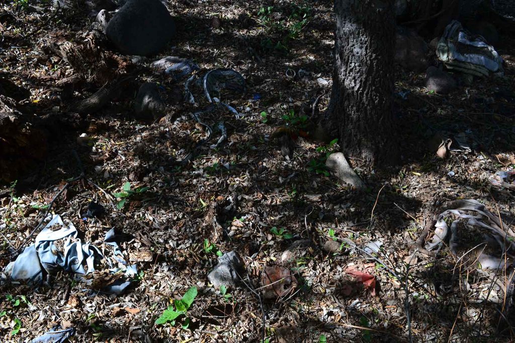 Left behind belongings blend in with the landscape as they decompose under a shade tree.