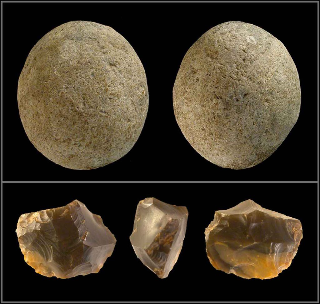 In pursuit of nutrients from marrow and brain, early hominins likely smashed animal bones with percussive tools, such as the flint hammerstones in the top row. Flaked stone tools, such as the ax-head fragment in the lower photo, may have been crafted for other tasks.