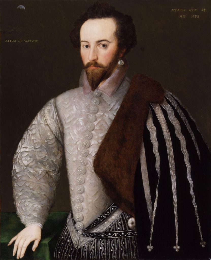In this 16th-century portrait, Sir Walter Raleigh, a British knight and explorer, boasts a large pearl earring.