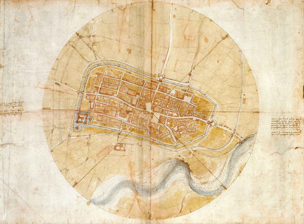 To make this intricate map of Imola, Italy, Leonardo likely used a wheeled measuring device called a hodometer, which he invented.