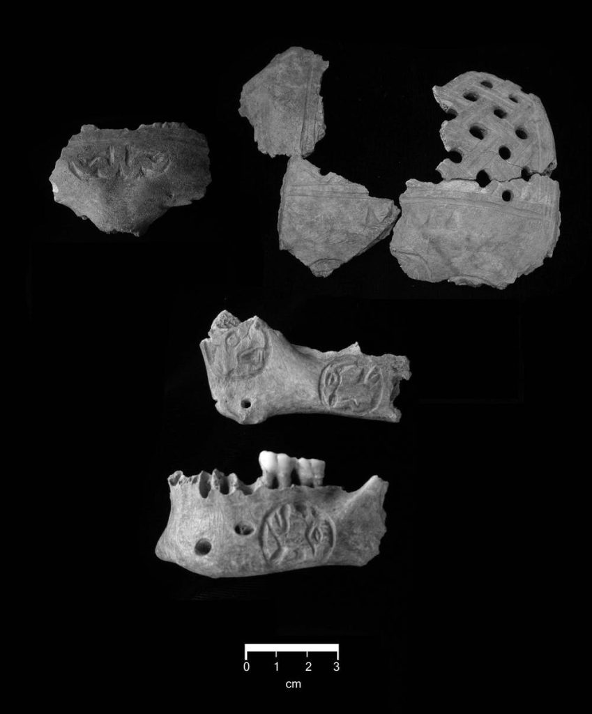 At the southern Maya location of Pakal Na, a burial site for a northern warrior revealed these fragments of a trophy skull.