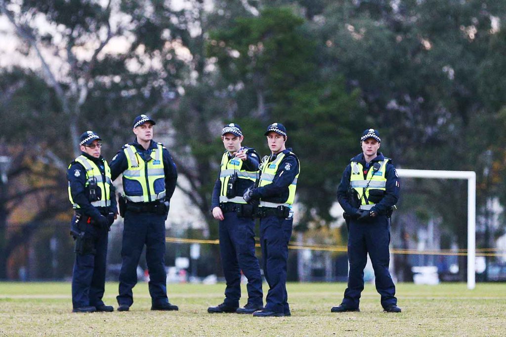 Police patrol Princes Park, where Eurydice Dixon was found murdered.
