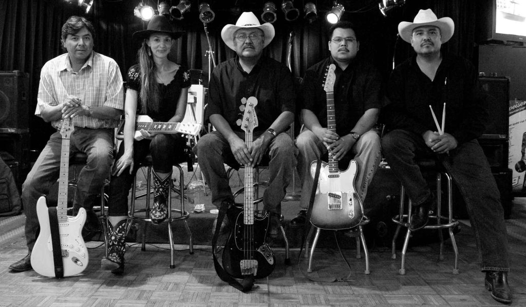 Navajo music - Native Country Band at Windy Mesa Bar in Page, Arizona. Left to right: Errison Littleben, author Kristina Jacobsen, Tommy Bia, LeAnder Bia, Arlondo Bia.