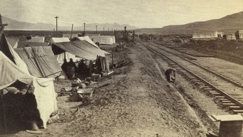 Chinese workers with the Central Pacific Railroad camped close to Brown’s Station, Nevada, in the 1860s.