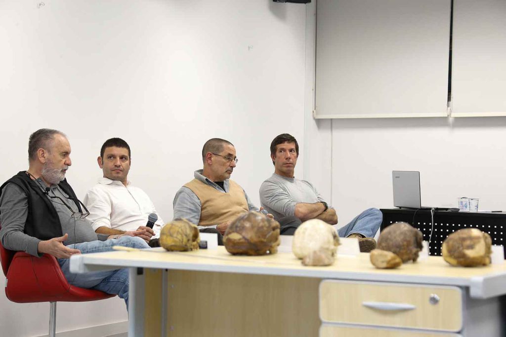 Dispersal - Geologist Giancarlo Scardia (second from the left) and three of his co-authors discuss their research beside a collection of hominin skulls.