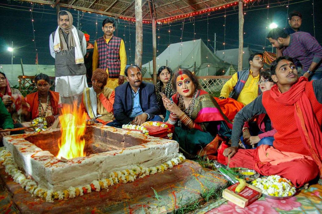Tripathi and her followers prepare for homa, or havan, a Vedic votive ritual in which symbolic offerings are placed into a consecrated fire.