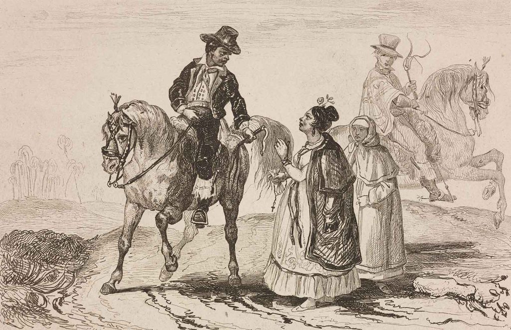 Guaraní - A Guaraní woman, at right and in front, speaks to a man on horseback in this engraving published in 1837.