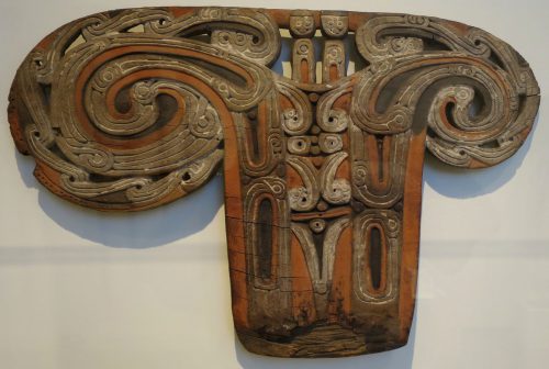 This elaborately carved canoe prow-board from the Trobriand Islands is meant to dazzle and intimidate viewers.