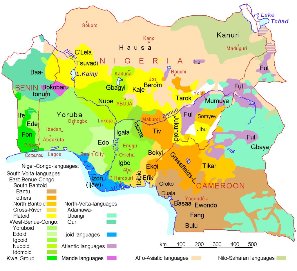 This map of language groups in Nigeria, Cameroon, and Benin illustrates the countries’ linguistic diversity. More than 500 languages are spoken in Nigeria alone.