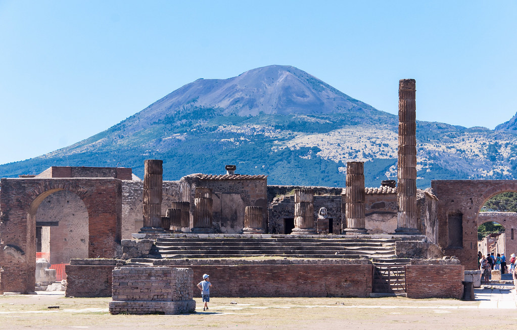 Herculaneum - The volcanic Mount Vesuvius is visible above the ruins of Pompeii, now an archaeological site in Italy.