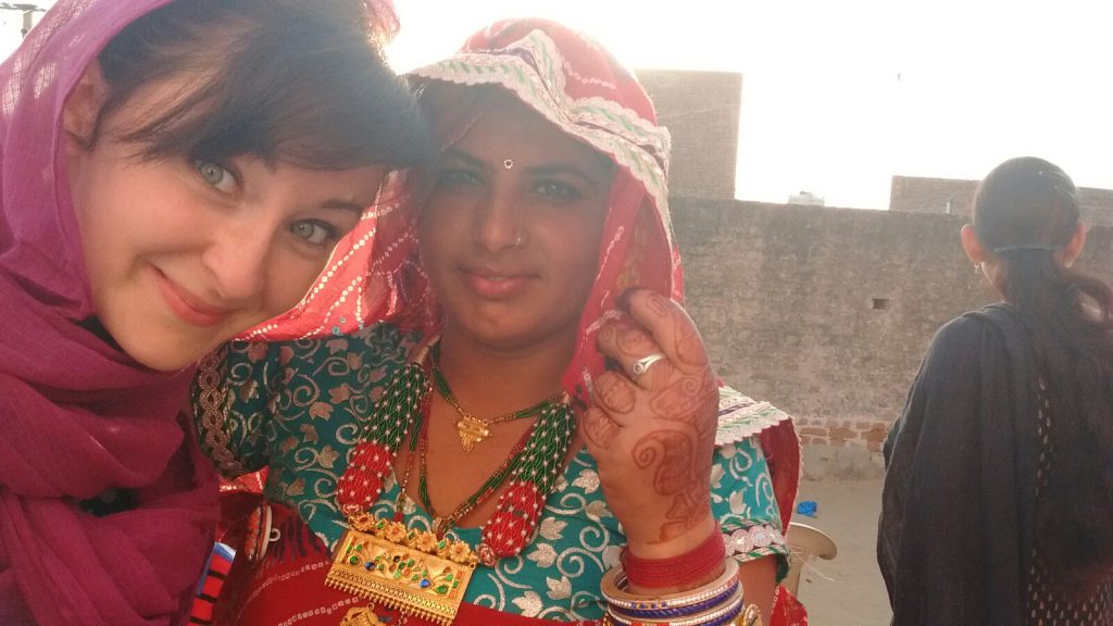 Fuchs (left) takes a selfie with one of her friends in Jhunjhunu, Rajasthan.