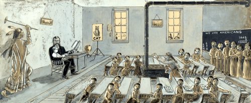 Many Native Americans strongly resisted the schools’ psychological and cultural war on their communities. When Lakota Chief Turning Eagle learned the Bratleys were going to cut his daughter’s hair, he burst into the classroom to attack Jesse Bratley. The confrontation was depicted in this cartoon drawing by a reporter named Mr. Zesiler. In other incidents, a girl’s grandmother tried to knife Bratley, and a student pulled him down a flight of stairs.